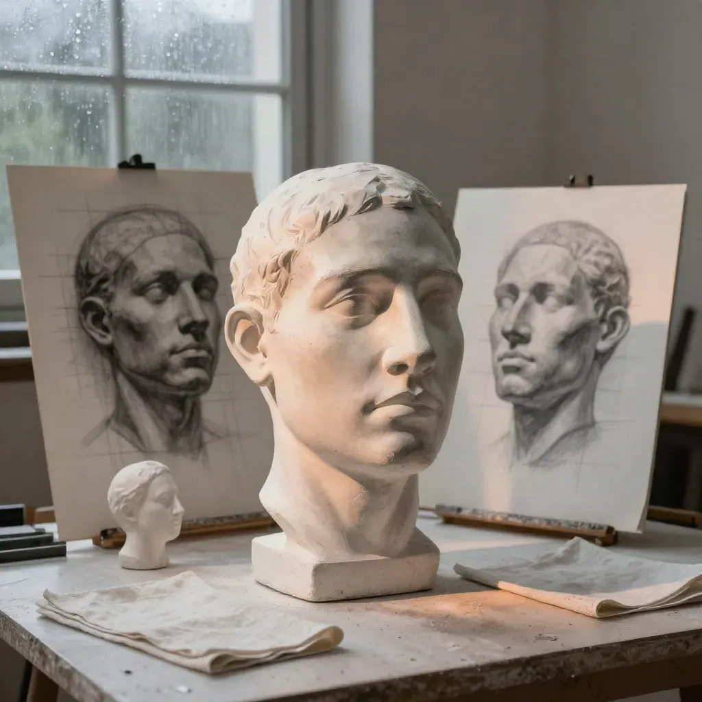 Plaster face study block, charcoal portrait sheets, clay profile fragment and linen on a rain-lit studio table.