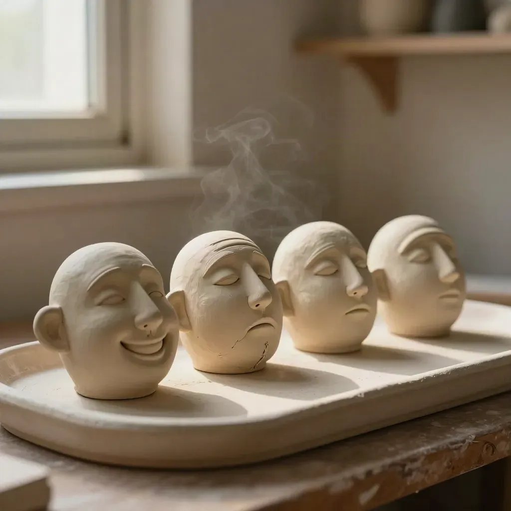 Four clay expression studies on a ceramic tray in warm studio light