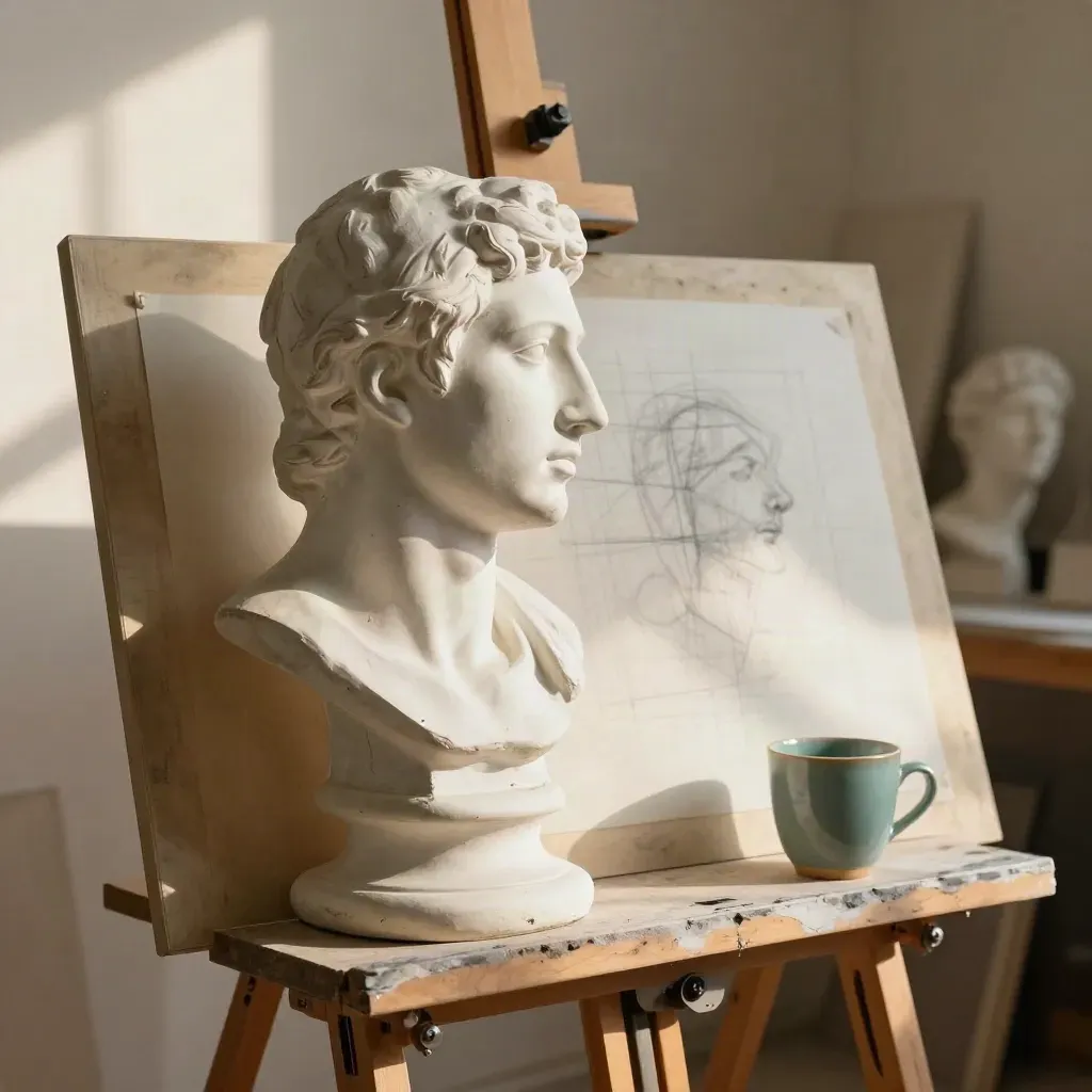 Plaster profile bust, tracing paper planes and a ceramic cup in a hazy winter studio.