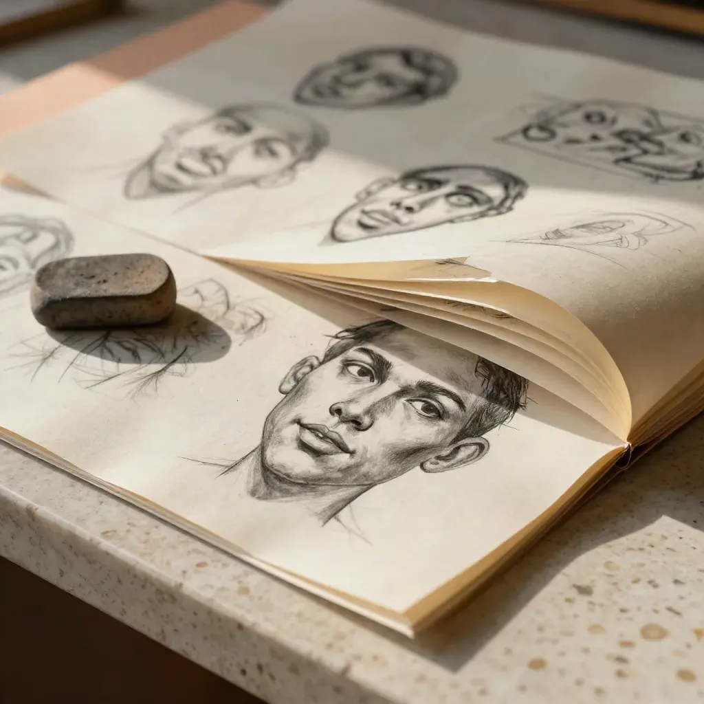 Macro of expression study sheets, graphite dust, eraser and sketch marks on travertine