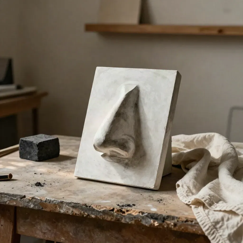 Plaster nose cast in a graphite square, charcoal block and folded cloth on a dusty studio ledge.