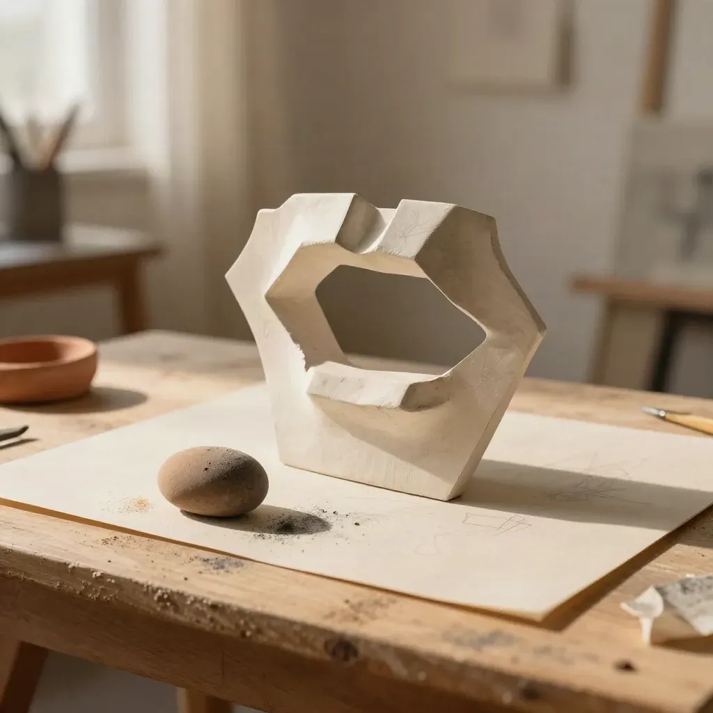 Jaw silhouette, clay wedge, stump, eraser and cream card on a bright art-studio bench.