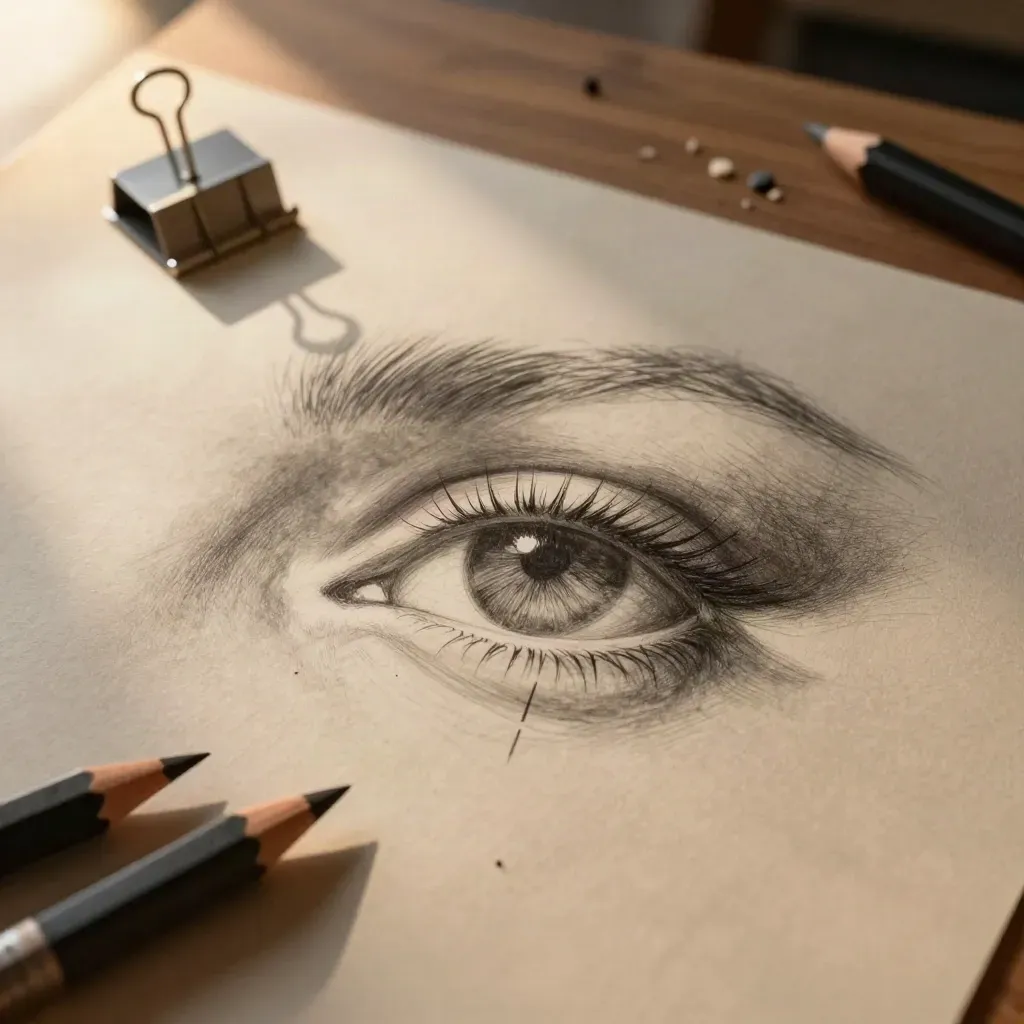 Half-finished eye study on toned paper with charcoal sticks, paperweight, and eraser crumbs.