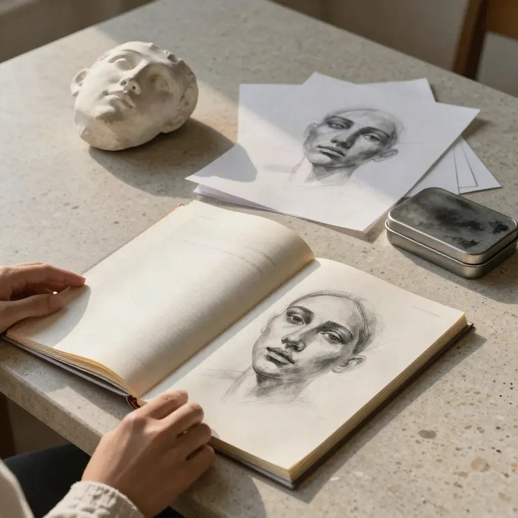 Overhead study folder, plaster face fragment, portrait sheets and graphite tin on bright stone.