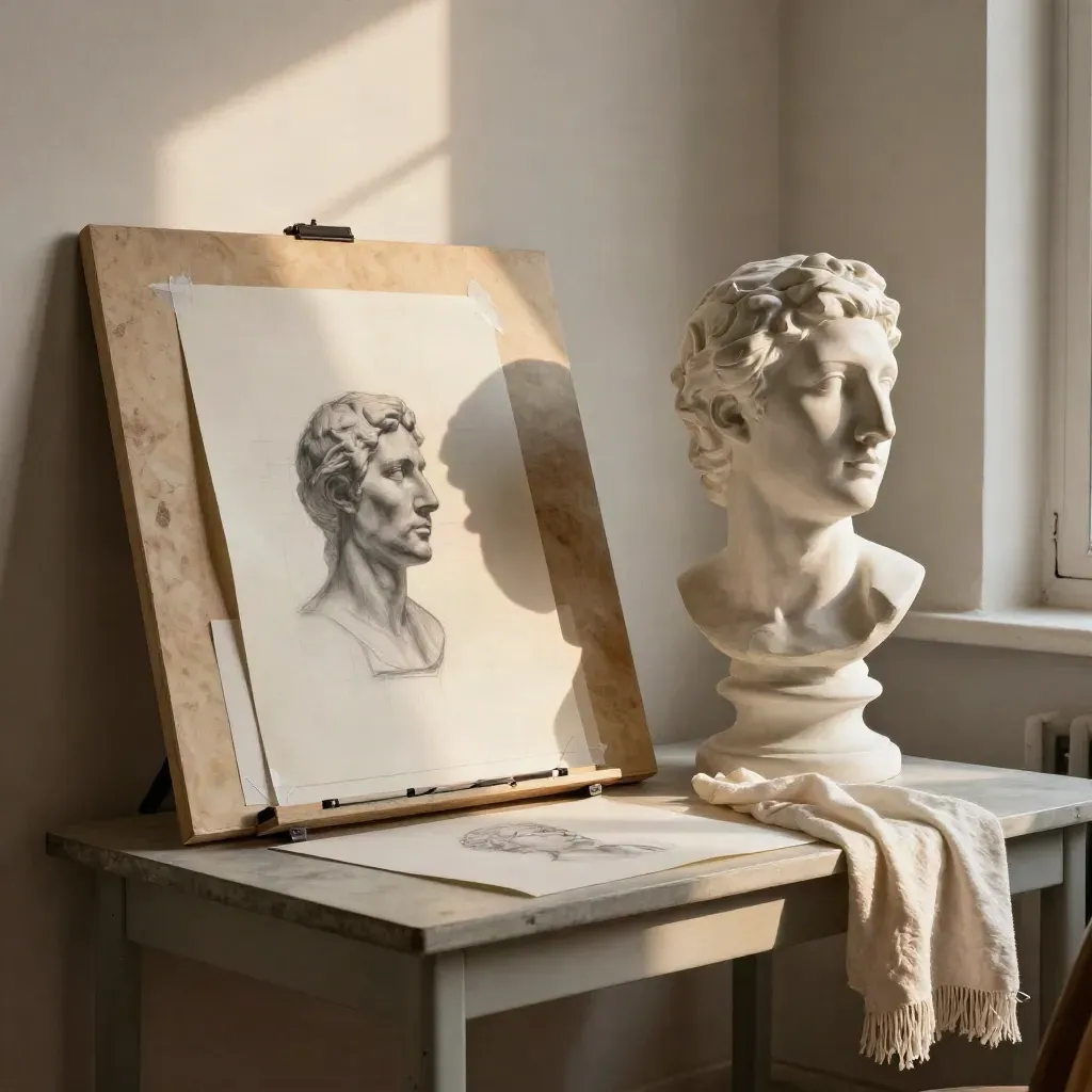 Side-view study board with profile sheets, plaster head cast, and ivory linen in soft morning light.