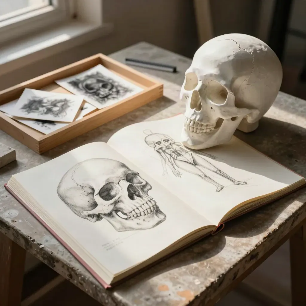 Anatomy study sheets beside a chipped plaster cheek and pale wood tray in warm light.
