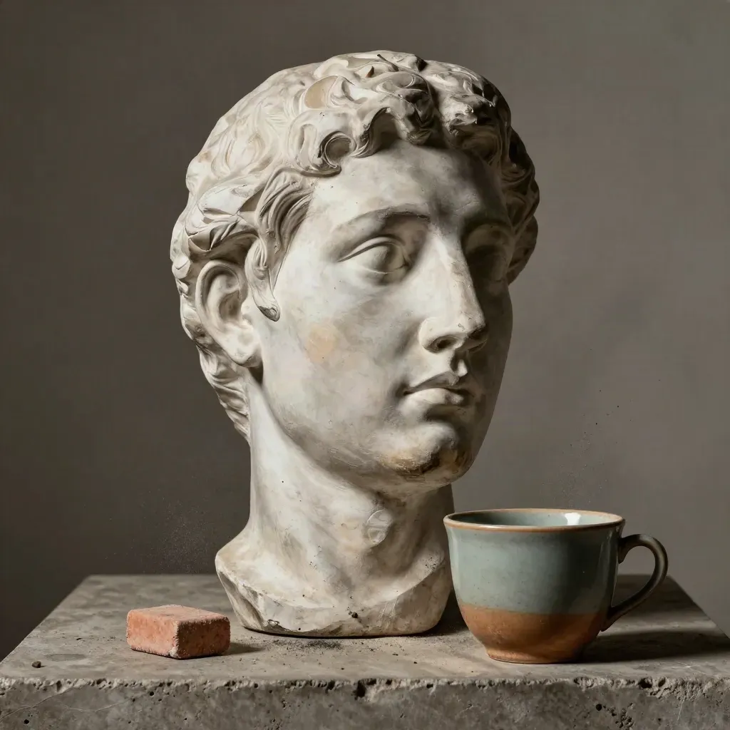 Charcoal face study, gum eraser, and teal-glazed cup with drifting dust on concrete