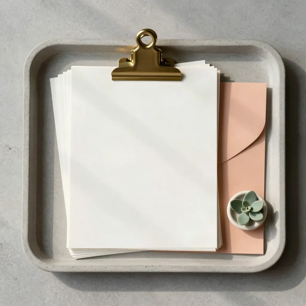 Top-down tray still life with practice pages, brass clip, peach sleeve, and plant cutting.